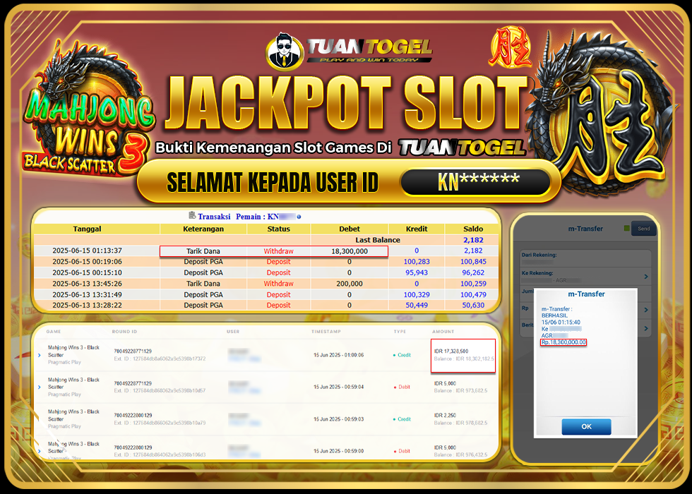 TUANTOGEL JACKPOT SLOT MAHJONG WINS 3 -BLACK SCATTER Rp18.300.000, - LUNAS
